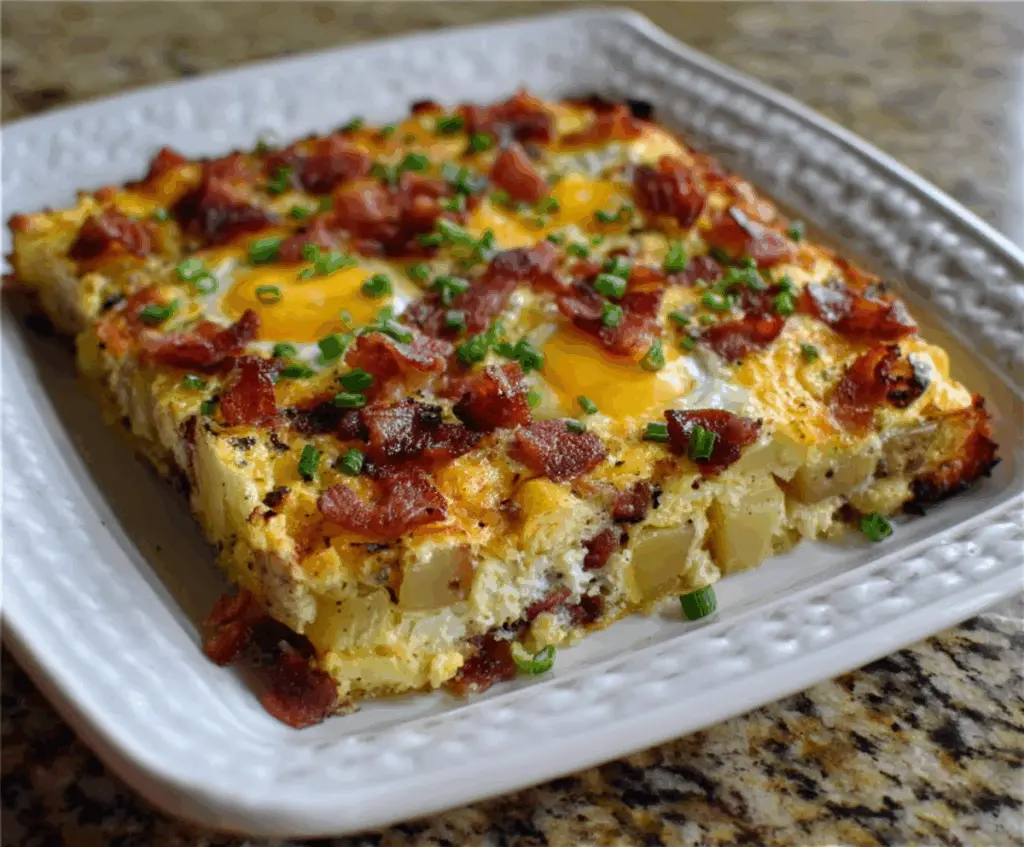 Delicious Bacon Potato Egg Breakfast Casserole with crispy bacon, tender potatoes, and fluffy eggs in a baking dish