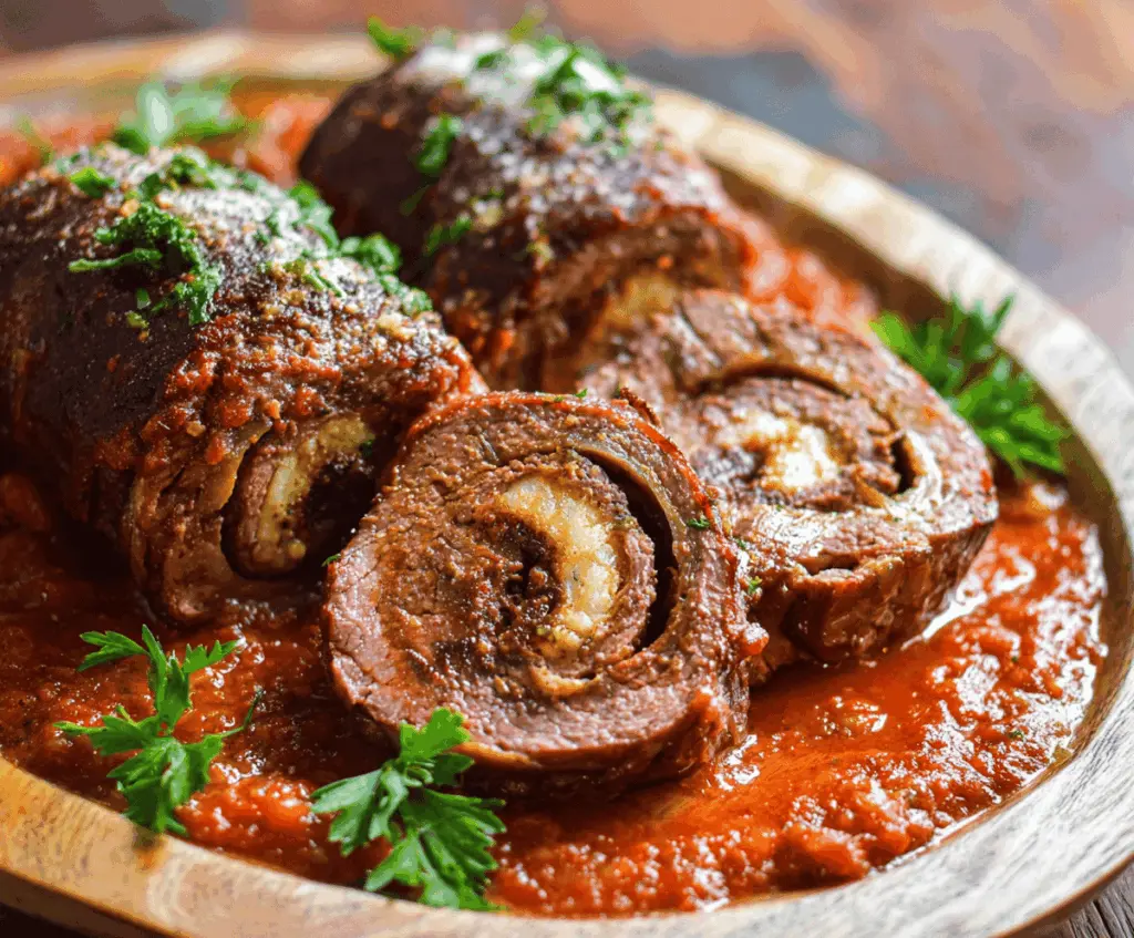 Thin slices of beef rolled with herbs and cheese for Beef Braciole recipe ready to be cooked.