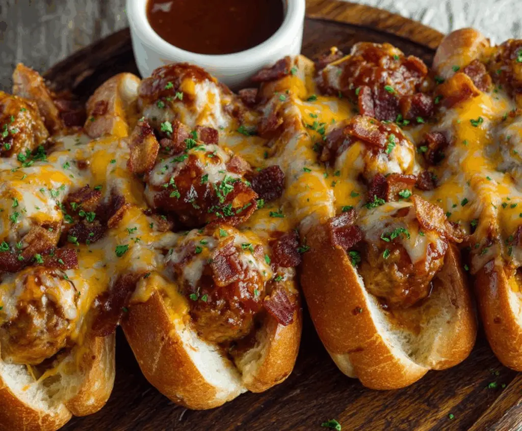 Delicious Bourbon BBQ Bacon Cheeseburger Meatball Subs with melted cheese and crispy bacon