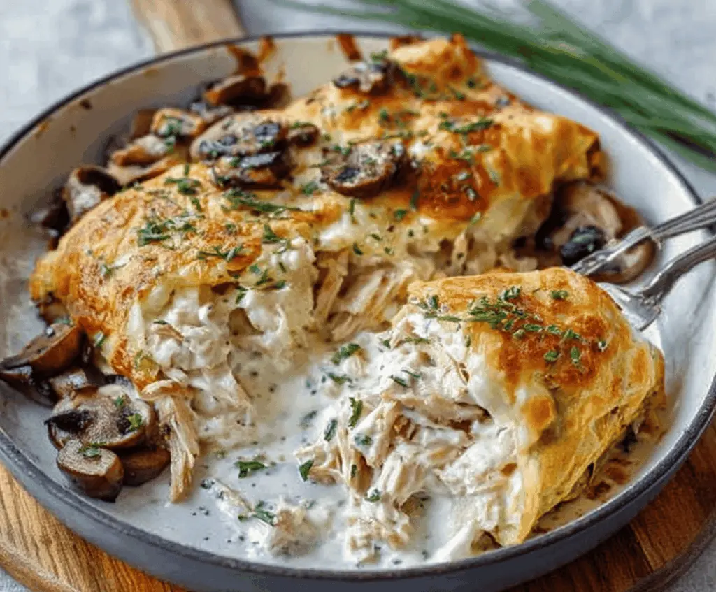 Delicious chicken and mushroom crepe bake served on a plate, showcasing a golden-brown crust and creamy filling.