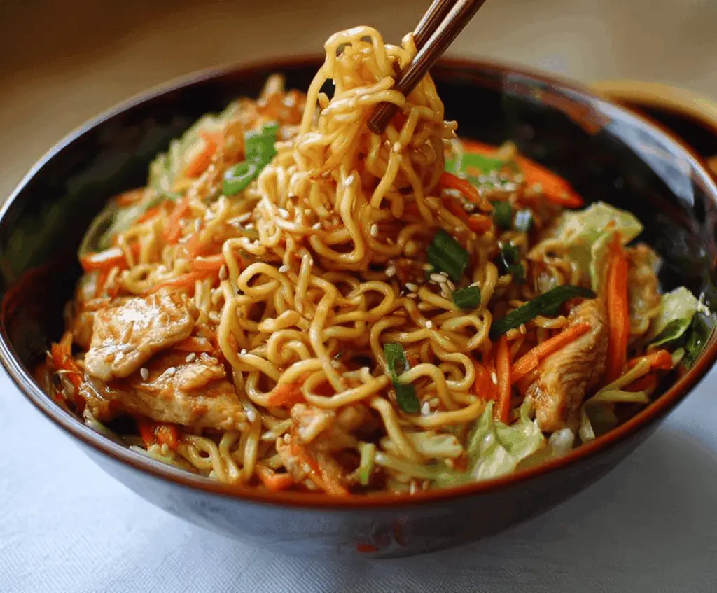 Delicious Chicken Yakisoba with stir-fried noodles and vegetables on a plate.