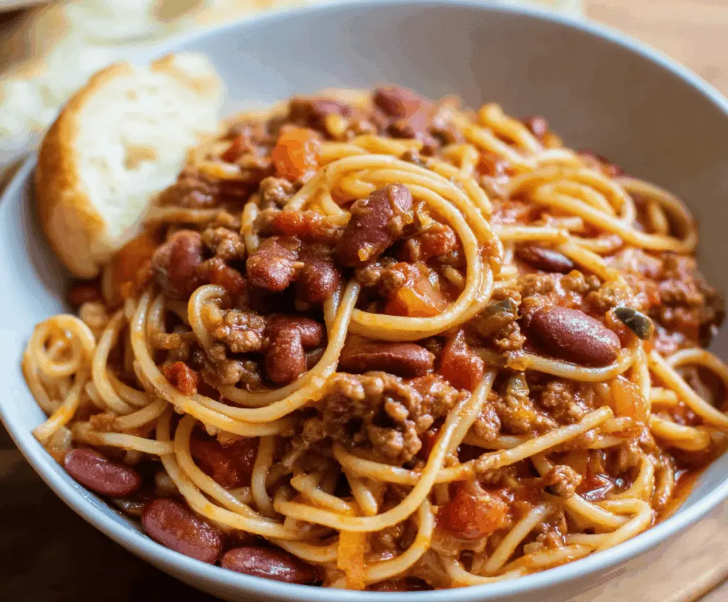 Delicious chili spaghetti served on a plate, garnished with fresh herbs and cheese.