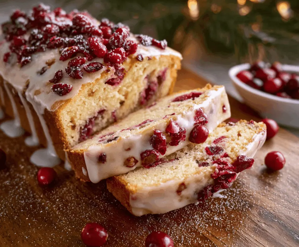 Delicious Christmas Cranberry Pound Cake garnished with fresh cranberries and powdered sugar for the holiday season.