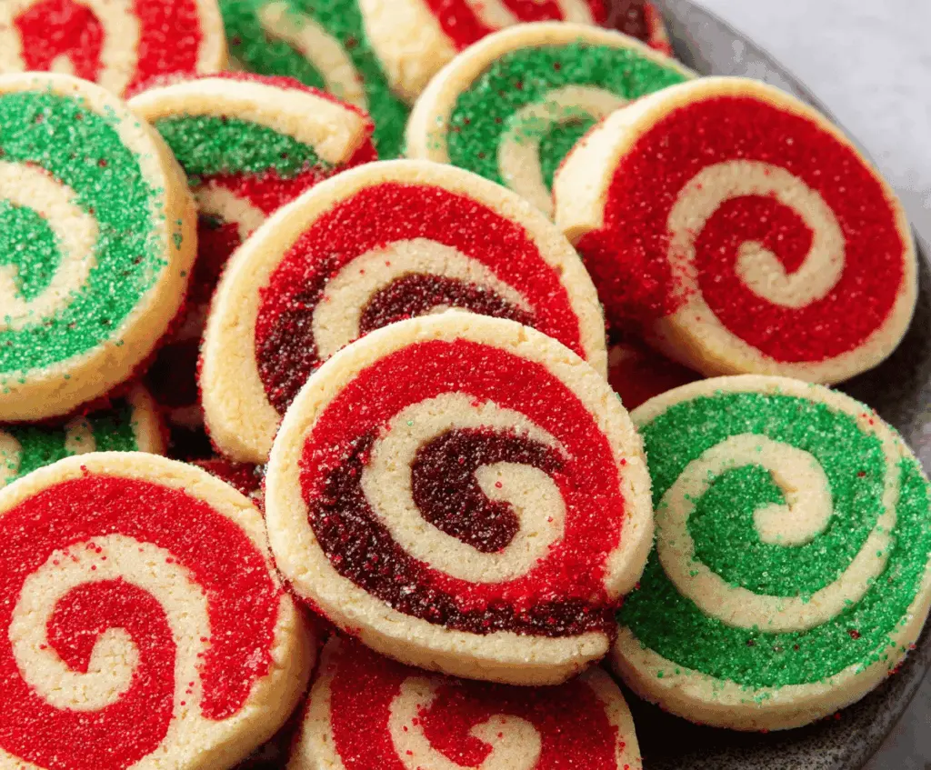 Festive Christmas pinwheel cookies decorated with colorful icing on a holiday plate