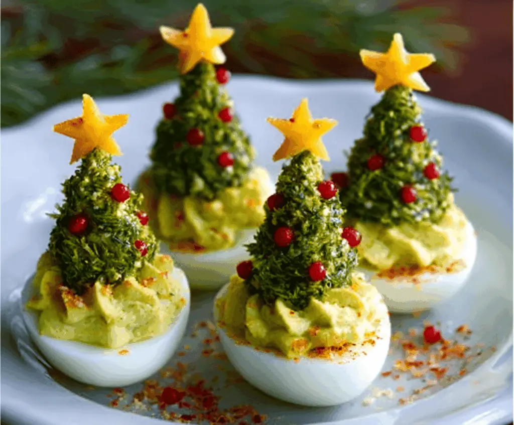 Festive Christmas Tree Deviled Eggs decorated with colorful toppings for holiday celebration.