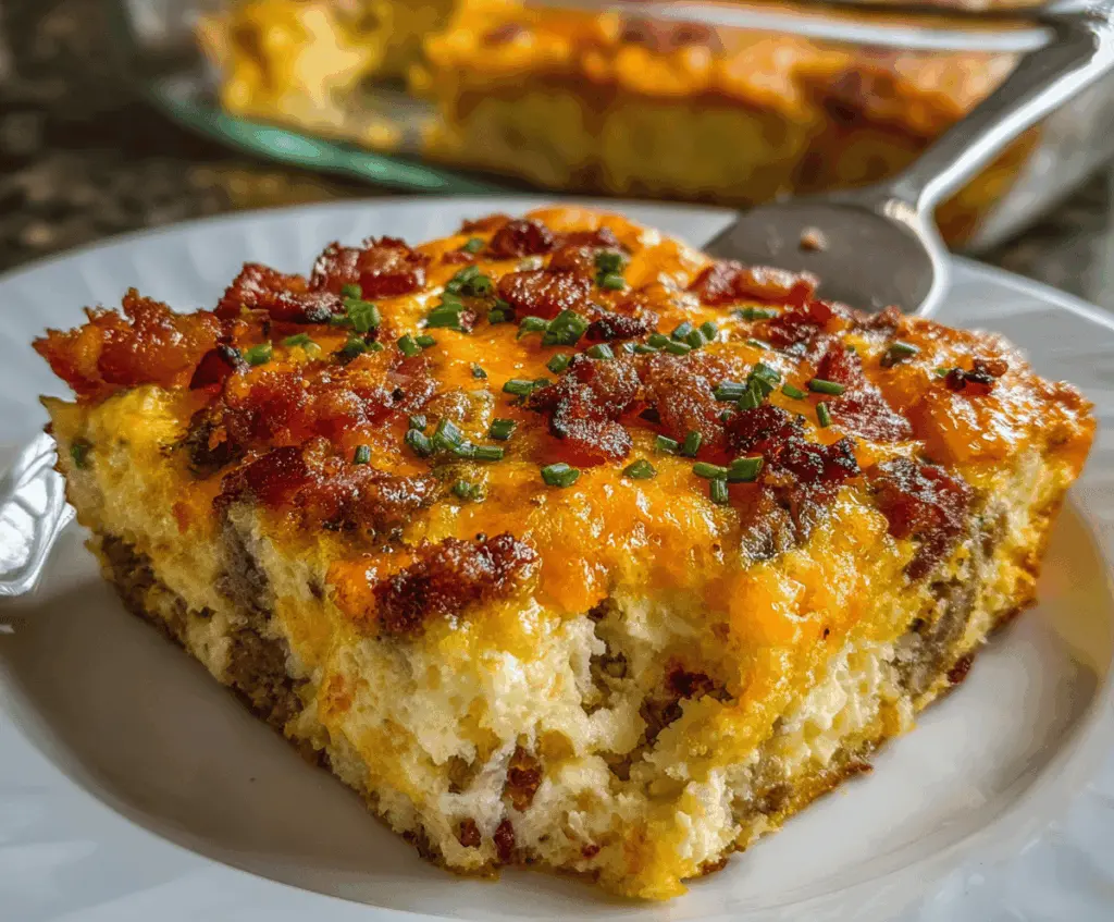 Delicious Crack Breakfast Casserole with eggs, cheese, and breakfast sausage in a baking dish