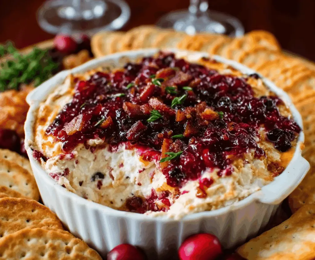 Creamy cranberry and bacon Swiss cheese dip served with toasted baguette slices.