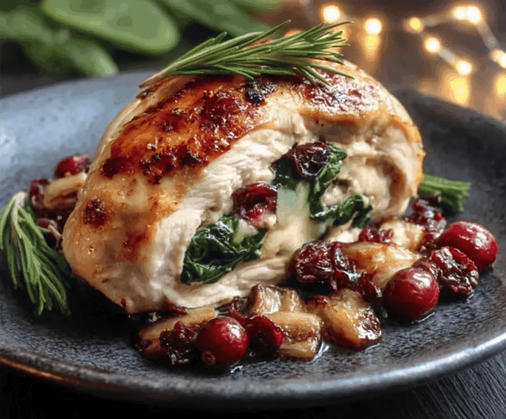 Delicious cranberry and spinach stuffed chicken breast topped with melted Brie cheese.