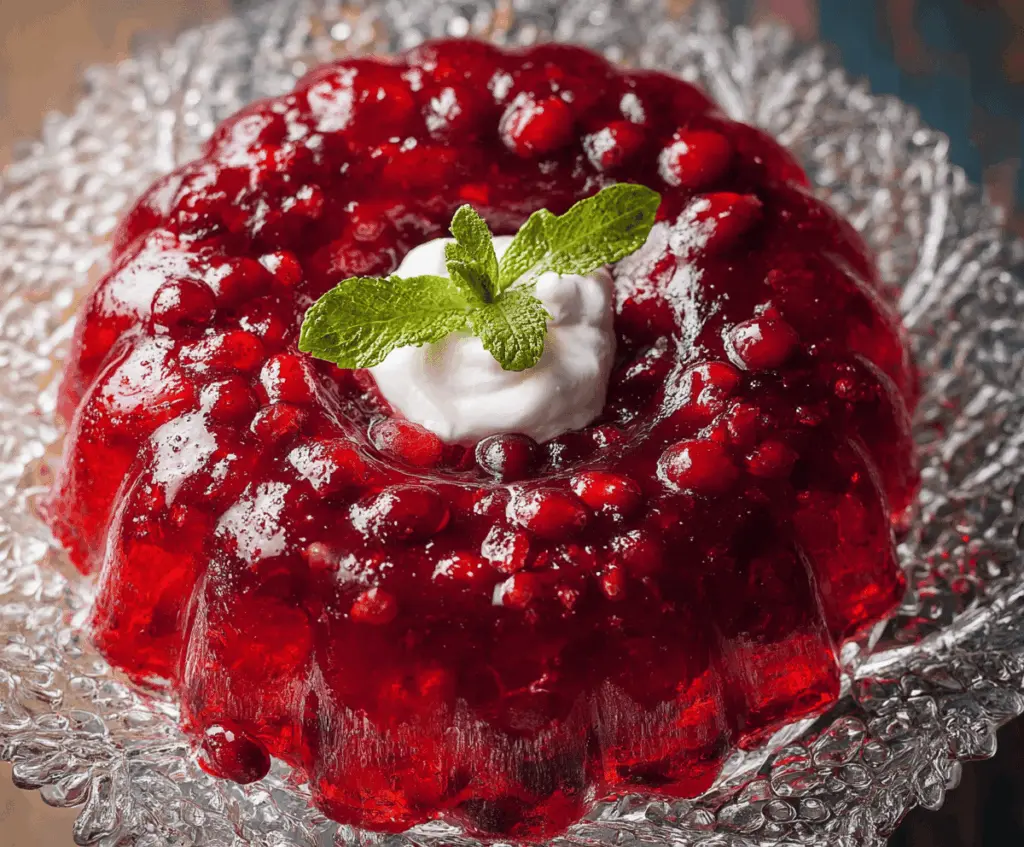 Colorful cranberry jello salad with fresh cranberries and whipped topping for a festive dessert.