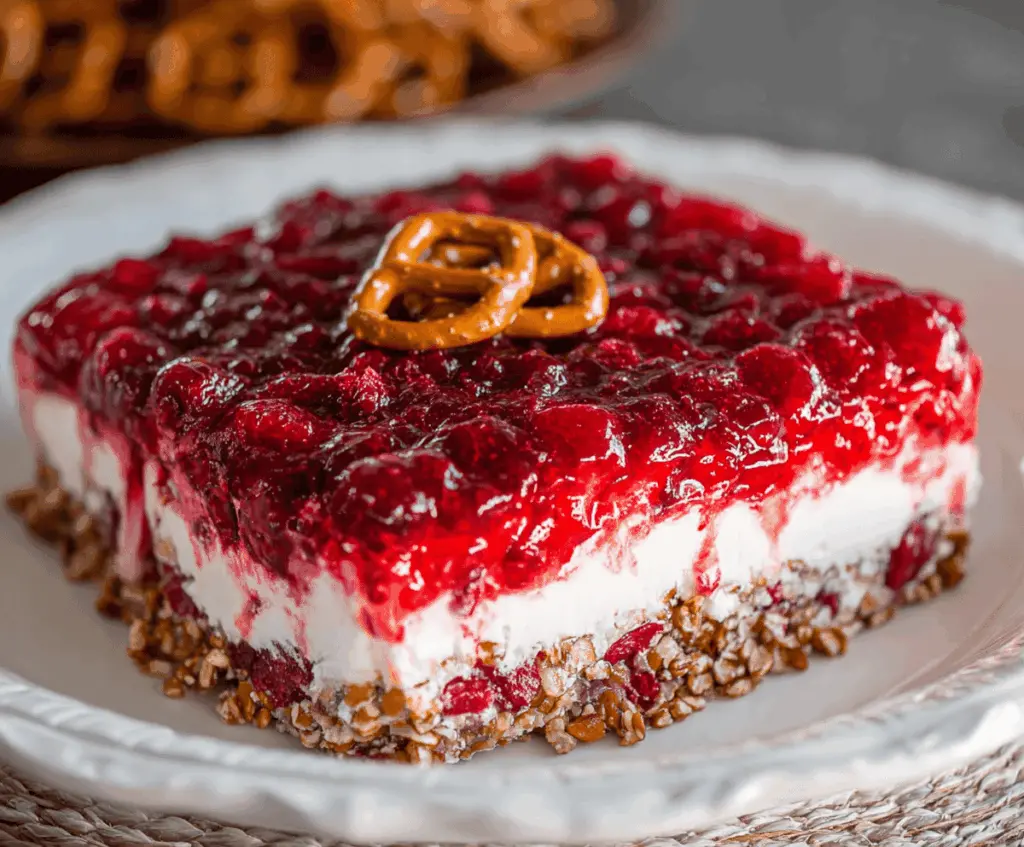 Delicious Cranberry Raspberry Pretzel Salad in a clear glass dish with fresh berries and a crunchy pretzel topping