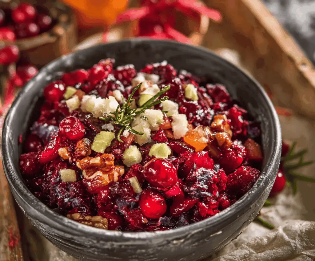 Bright and refreshing cranberry salad with fresh cranberries, orange slices, and chopped nuts, perfect for holiday gatherings.