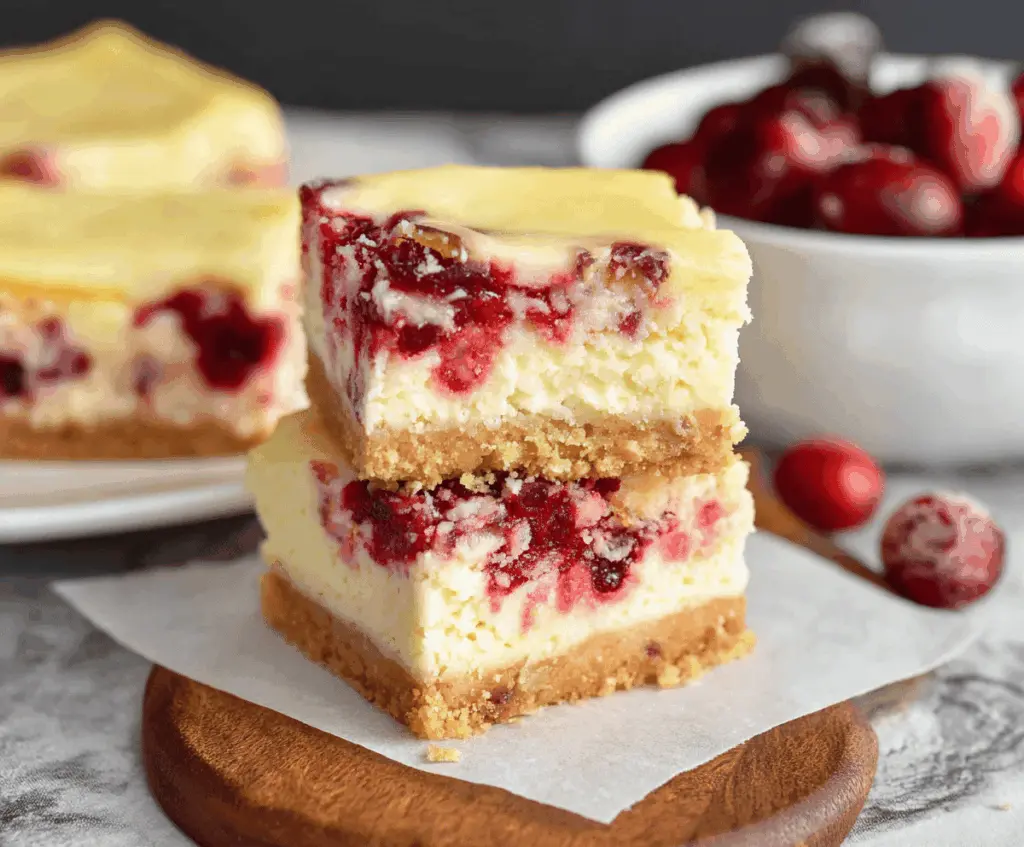 Delicious cranberry white chocolate cheesecake bars on a platter, showcasing a creamy and festive dessert.
