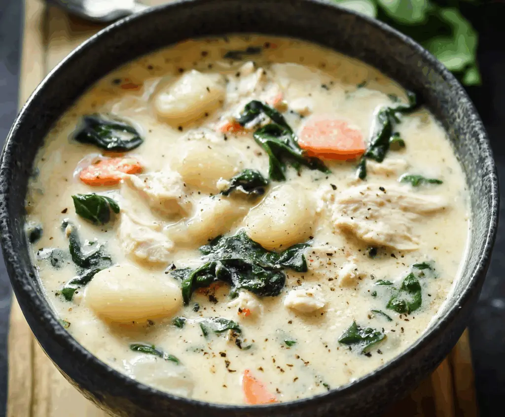 Creamy Chicken Gnocchi Soup with tender chicken, soft gnocchi, and fresh herbs in a savory broth.