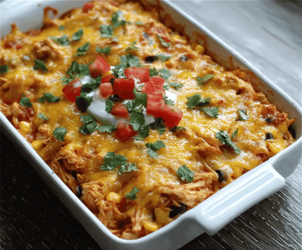 Baked Tex-Mex Chicken Casserole topped with melted cheese and colorful vegetables.