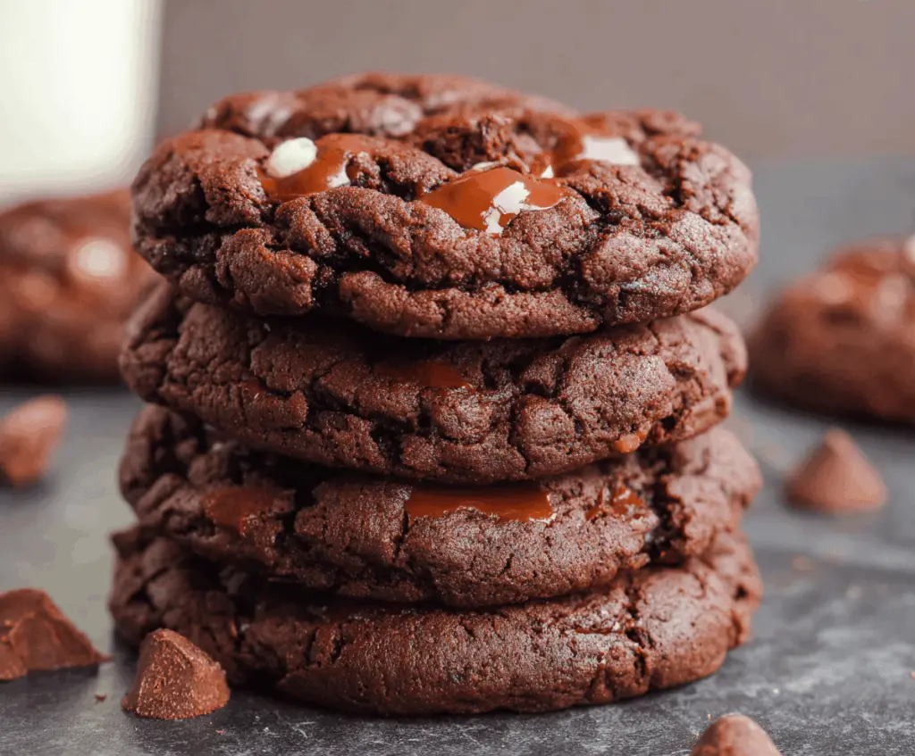 Homemade double chocolate chip cookies with gooey chocolate chips and a soft, chewy texture.