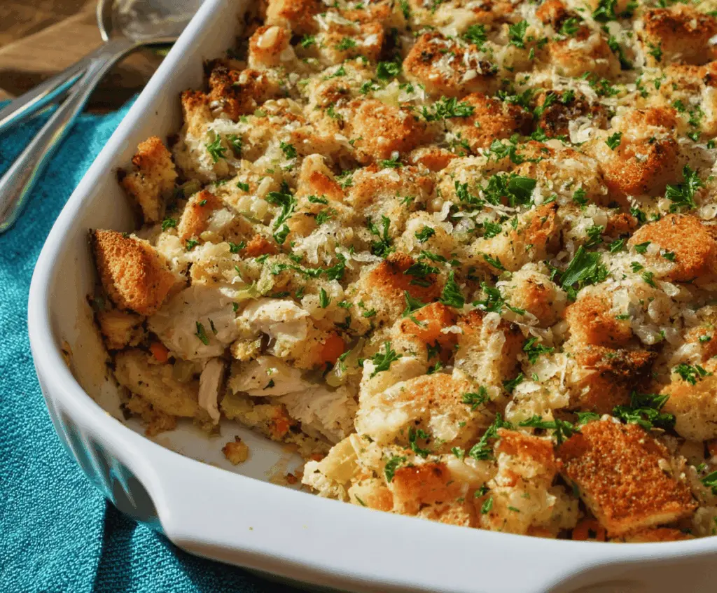 Delicious Easy Chicken Stuffing Casserole served in a baking dish with golden crust and tender chicken pieces.