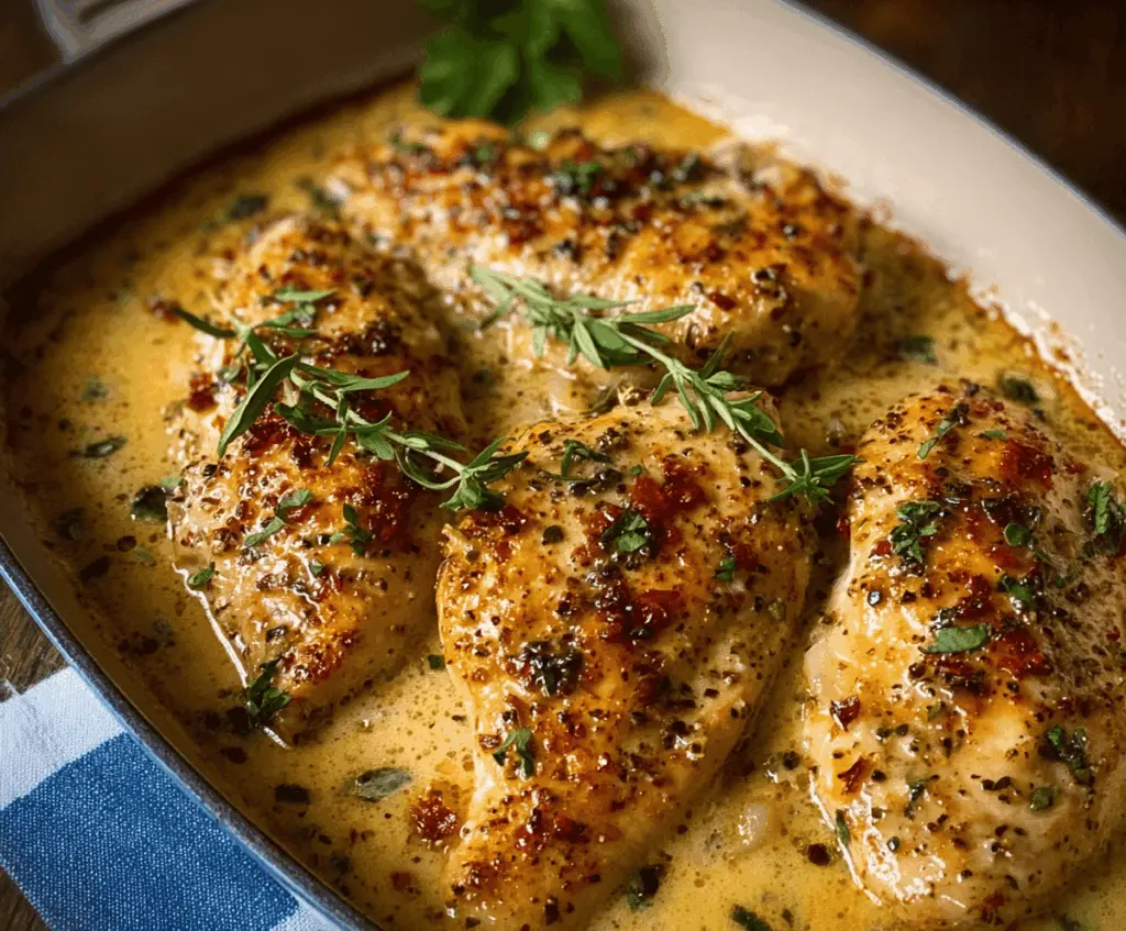 Delicious baked Asiago chicken topped with creamy sauce and melted cheese on a serving plate