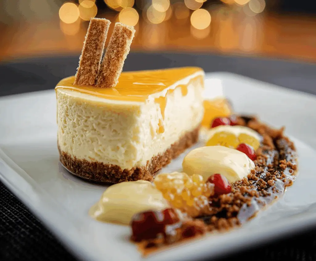 Creamy Eggnog Christmas Cheesecake topped with whipped cream and festive holiday decorations.