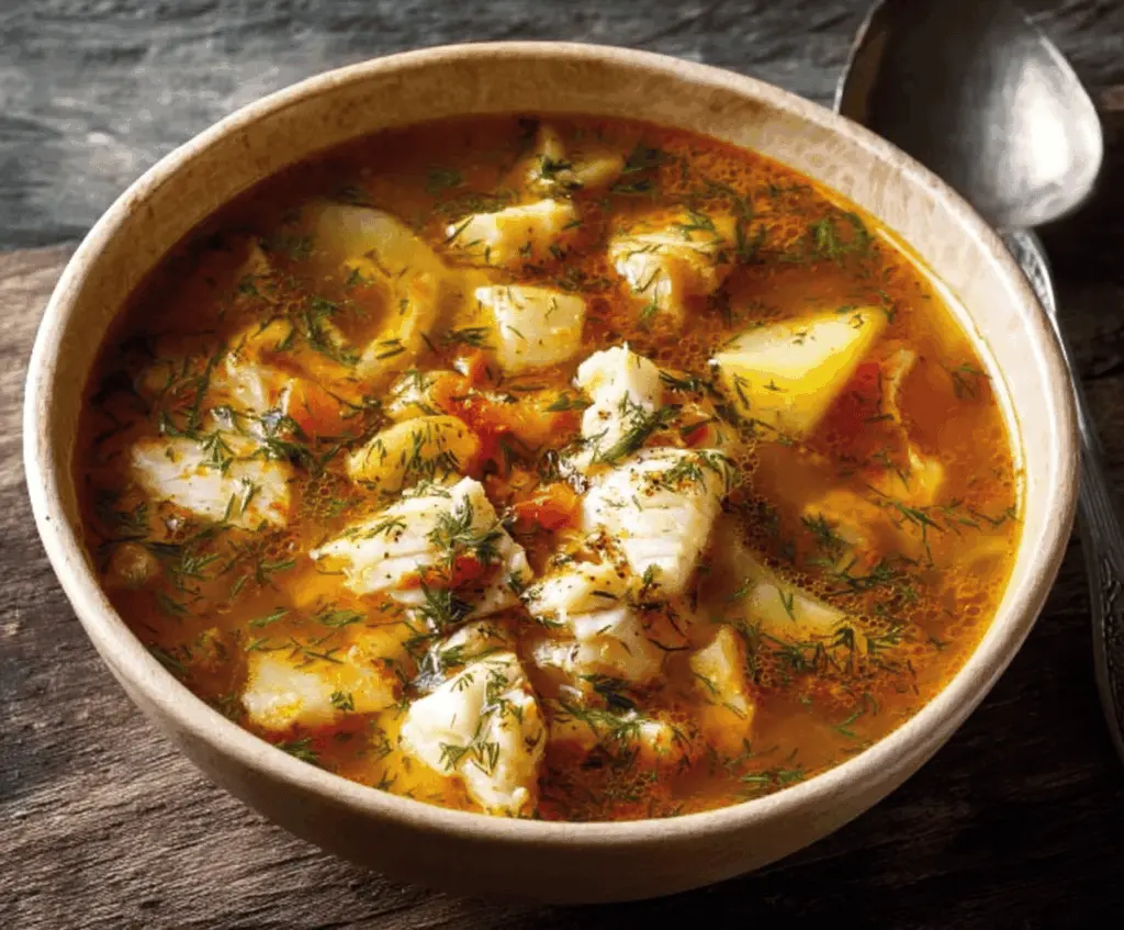 Delicious homemade fish soup with fresh ingredients and herbs