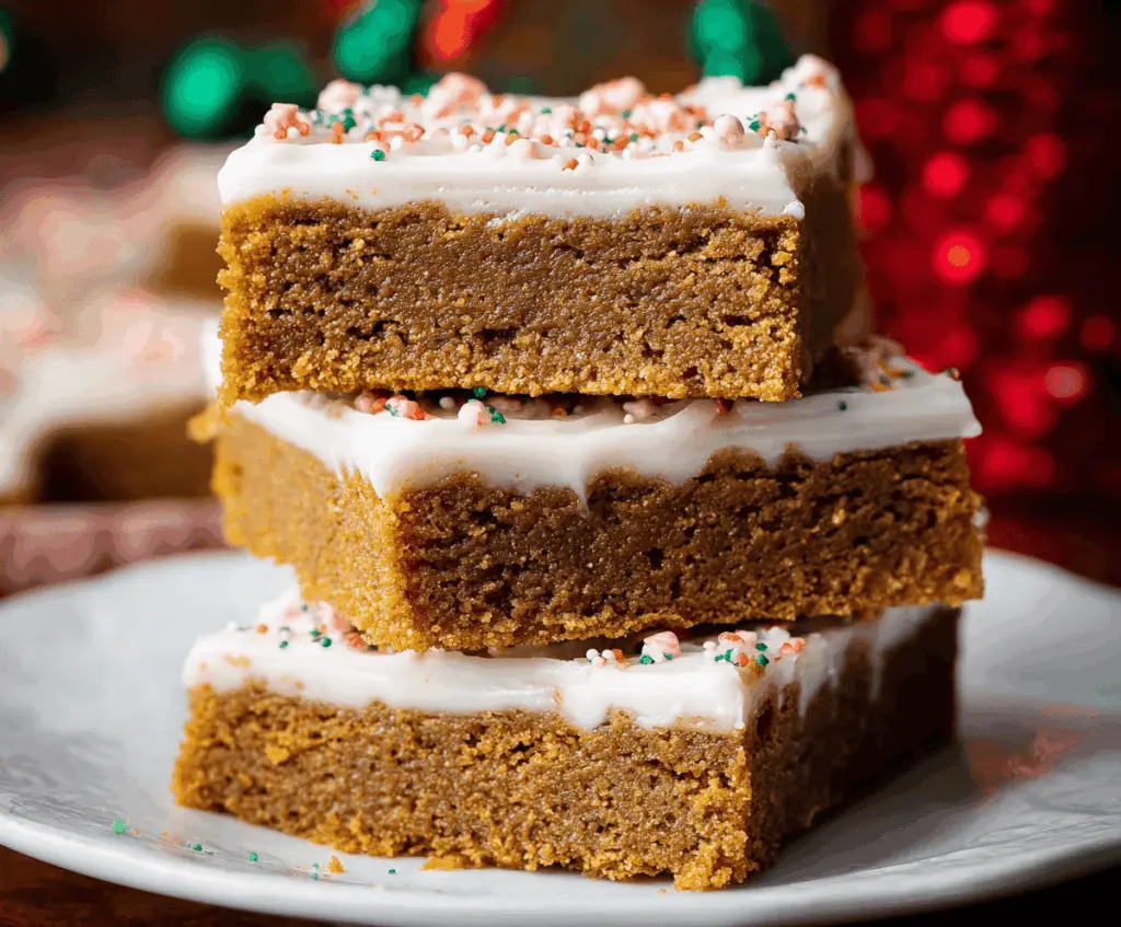 Delicious homemade gingerbread bars with sweet icing and festive holiday decorations.