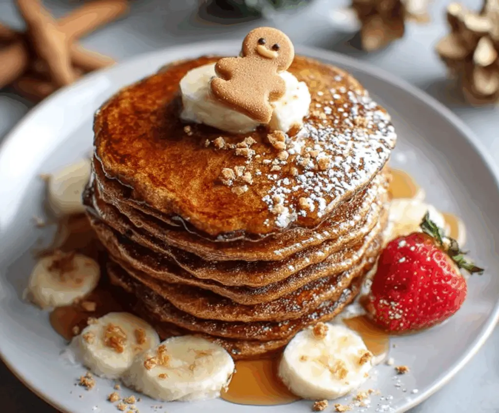 Delicious gingerbread pancakes topped with whipped cream and cinnamon for a festive breakfast