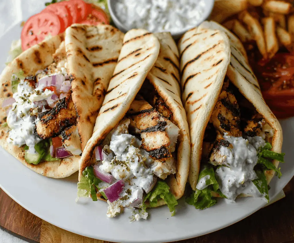 Delicious grilled chicken gyros served with fresh tzatziki sauce on a plate.