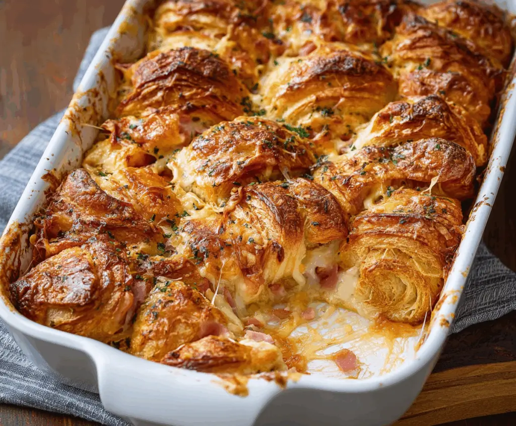 Delicious Ham and Cheese Croissant Bake served on a platter, golden and cheesy, perfect for breakfast or brunch.
