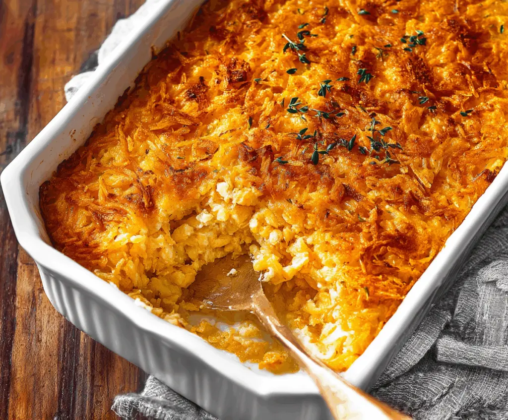 Delicious hashbrown casserole in a baking dish, perfect for brunch or family dinners.