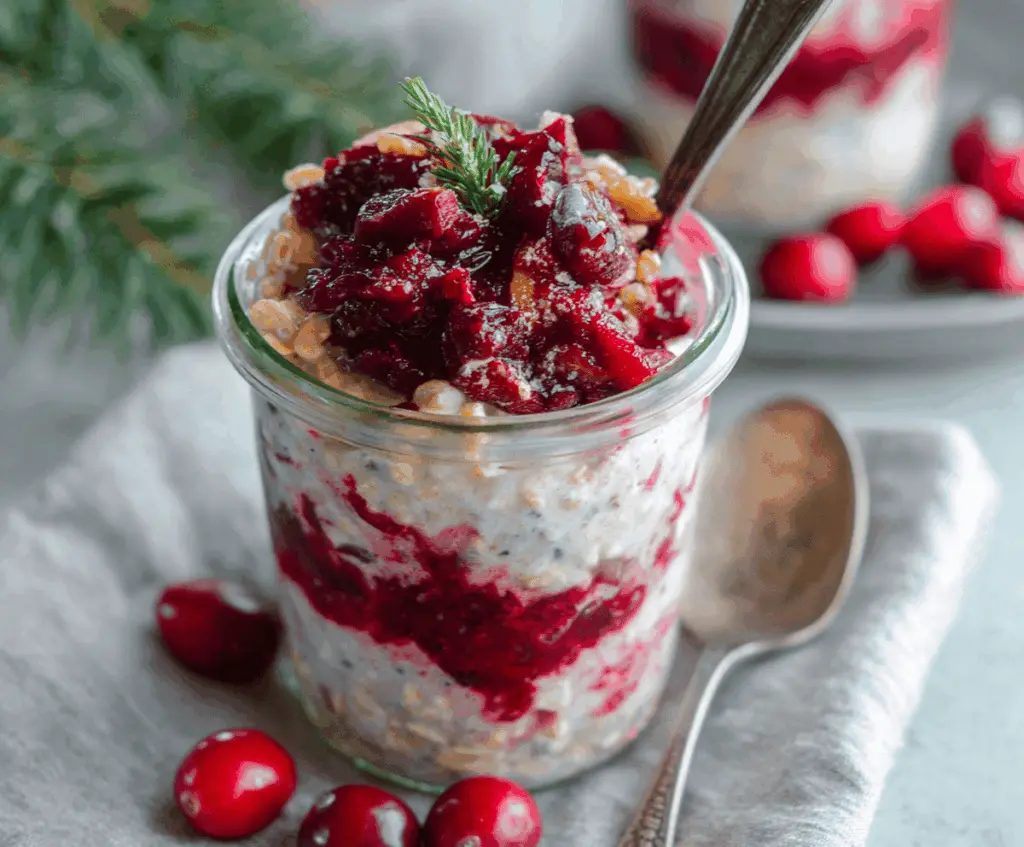 Holiday Cranberry Overnight Oats served in a glass jar with fresh cranberries and festive garnishes.