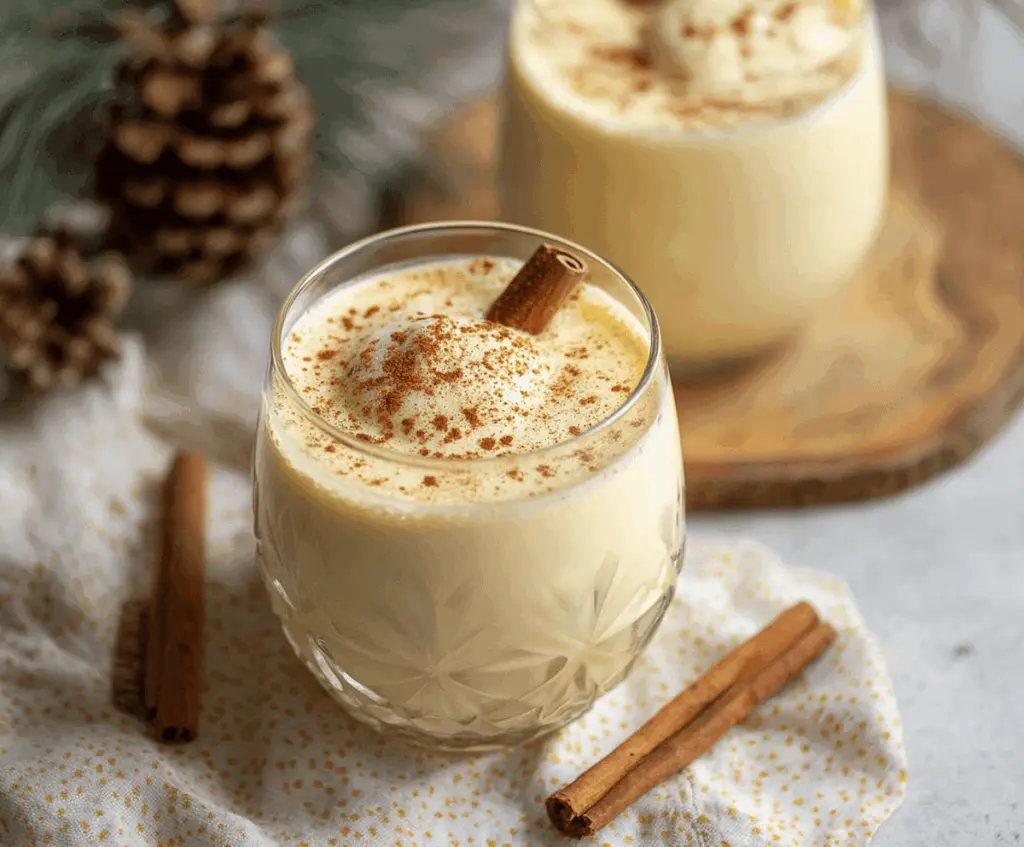 Creamy homemade eggnog in a glass with cinnamon and nutmeg for a festive holiday drink