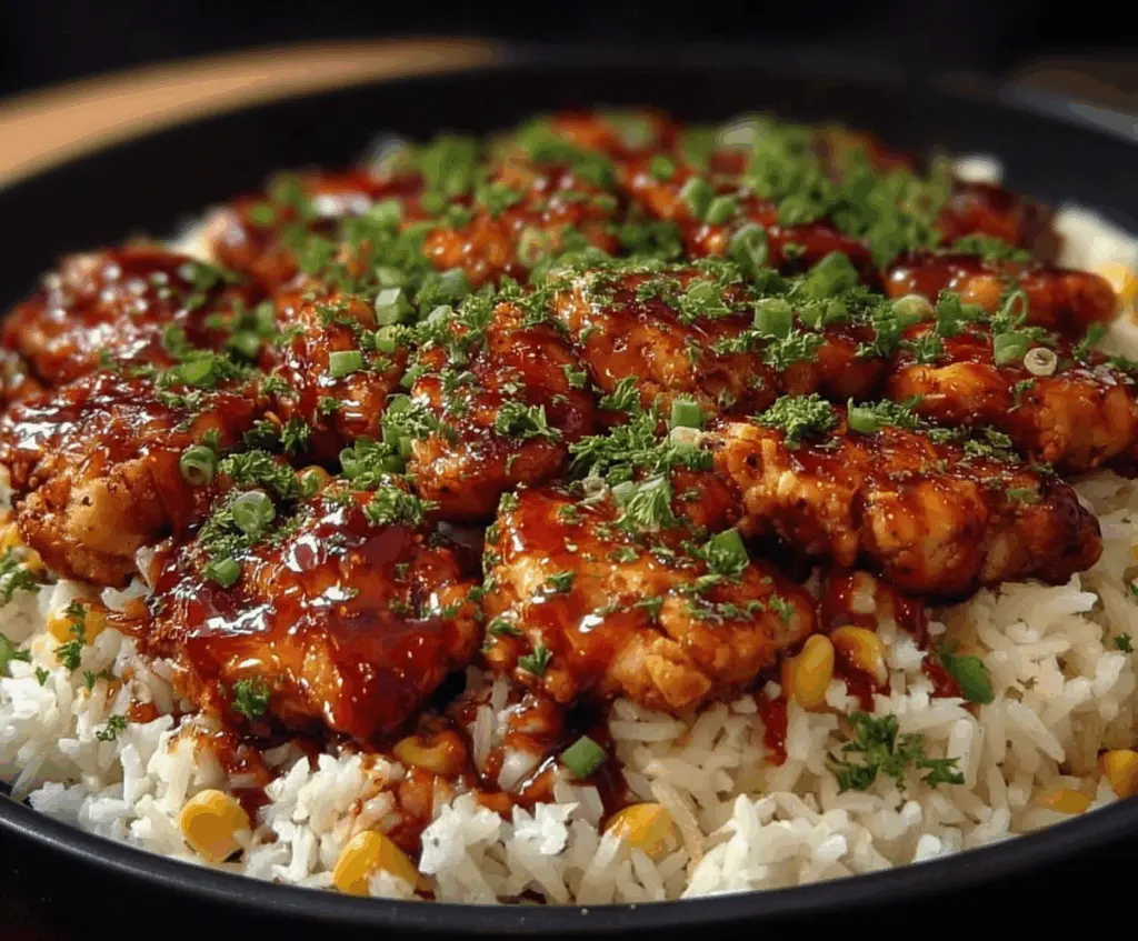 Delicious honey barbecue chicken served with fluffy rice on a plate.