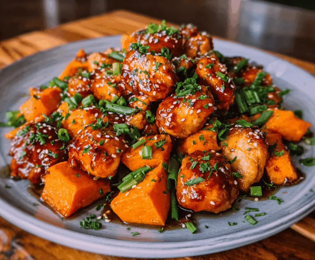 Delicious honey garlic chicken served with roasted sweet potatoes on a plate.