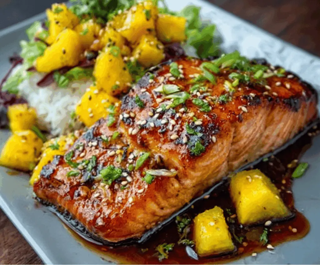 Delicious Mango Teriyaki Salmon served with vibrant mango slices and glazed salmon fillet on a white plate.