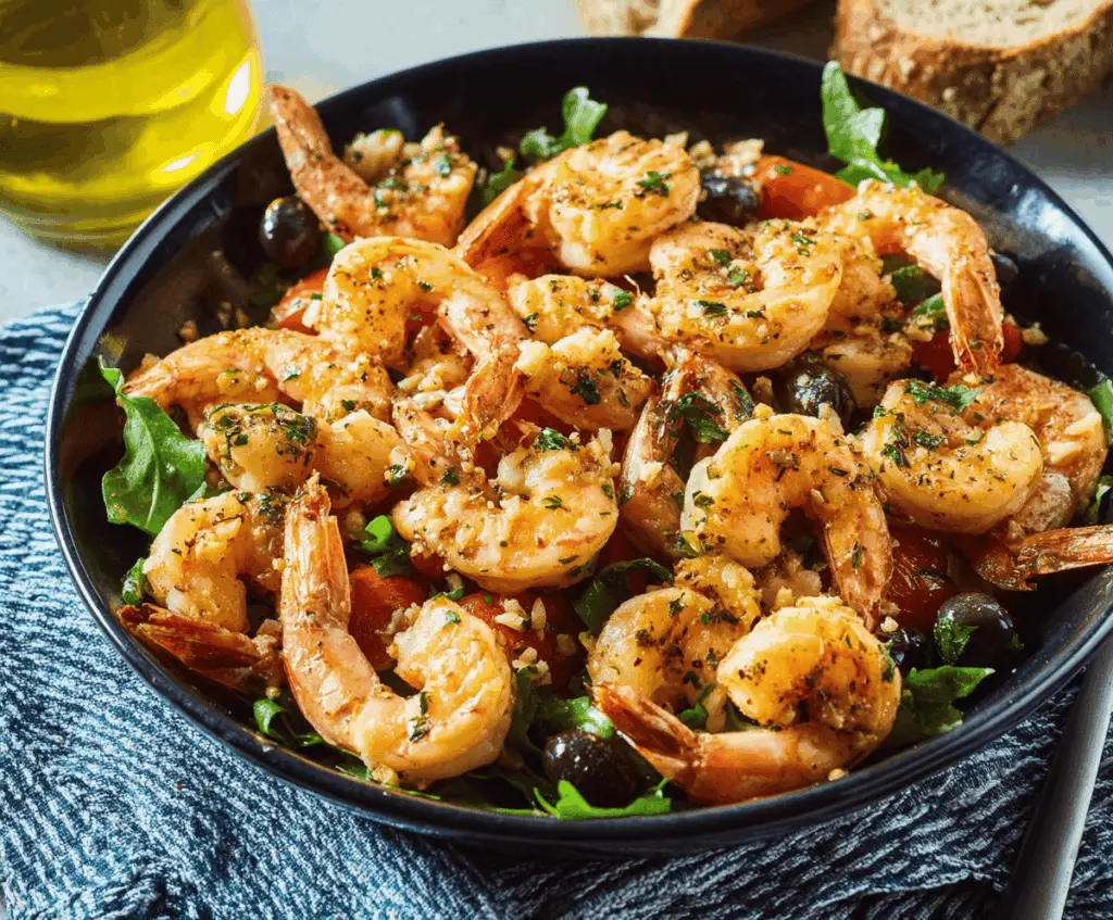 Fresh Italian Olive Oil Shrimp Salad with vibrant greens and cherry tomatoes on a white plate.