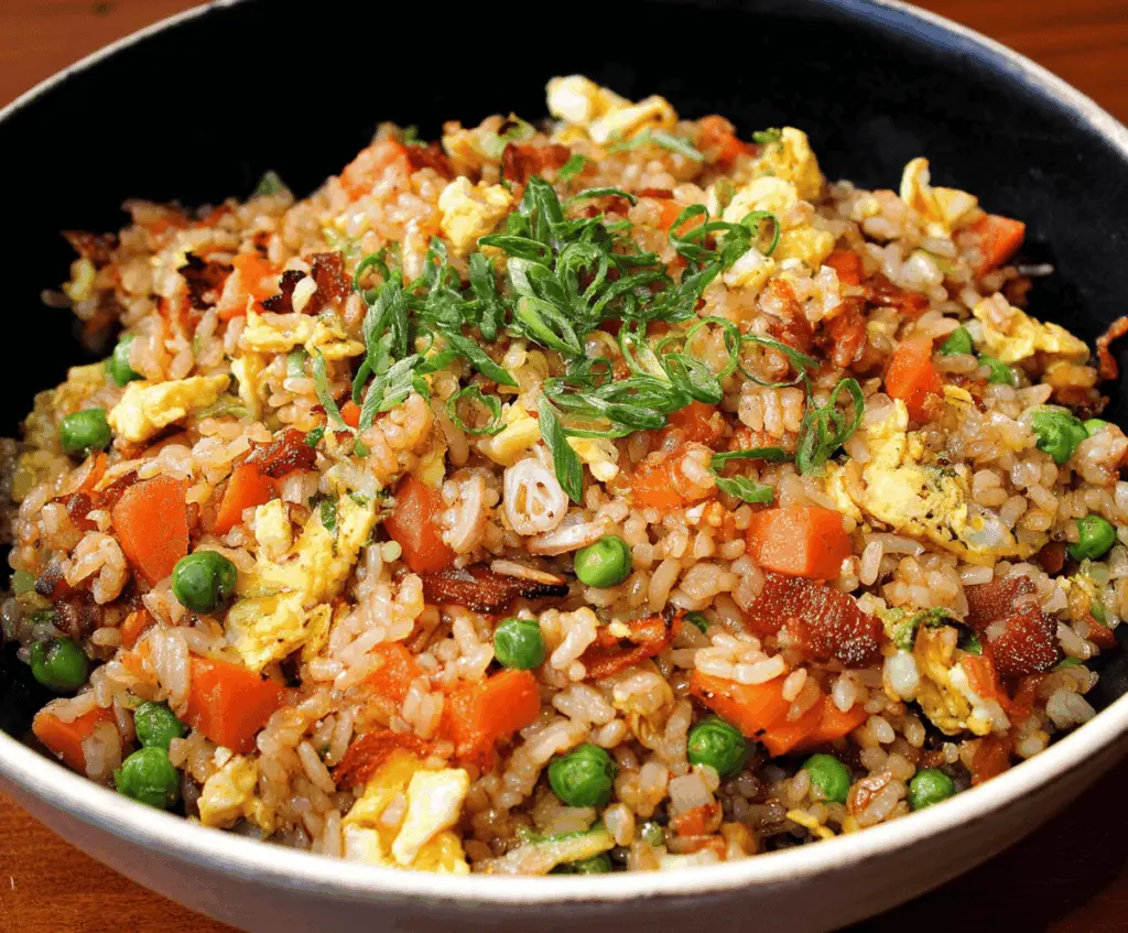 Delicious Japanese Fried Rice served with colorful vegetables and scrambled eggs