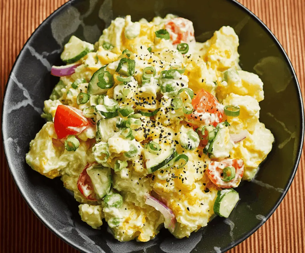 Creamy Japanese Potato Salad with colorful vegetables and fresh herbs.
