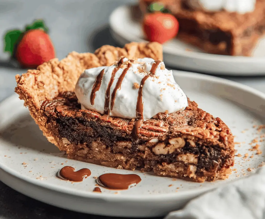 Delicious Kentucky Derby Pie with a rich chocolate and pecan filling showcased on a plate.