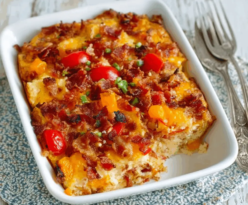Delicious Loaded Overnight Breakfast Casserole with eggs, cheese, and vegetables in a baking dish.