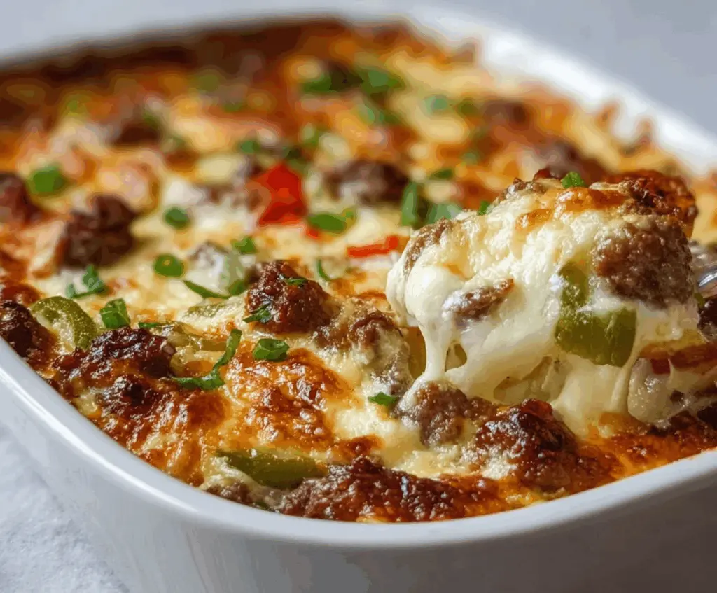 Delicious Low Carb Philly Cheesesteak Casserole with melted cheese and tender steak slices in a baking dish