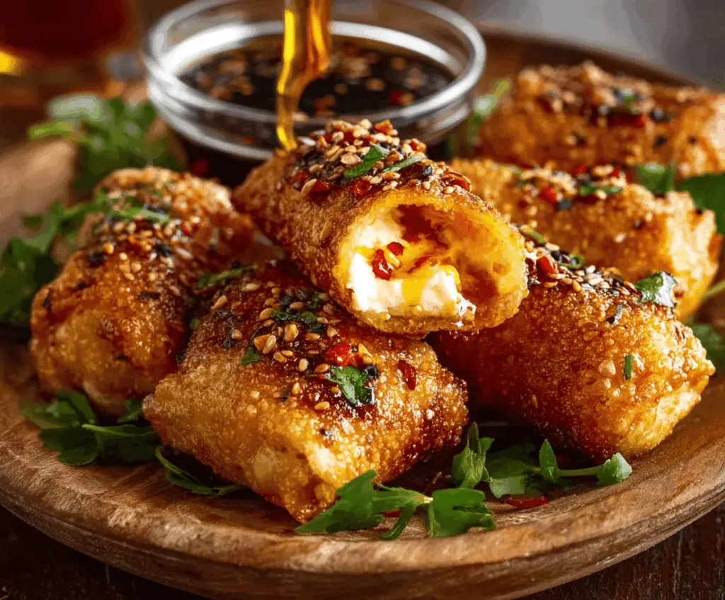 Golden Oven Fried Feta Rolls drizzled with spicy chili honey on a rustic platter.