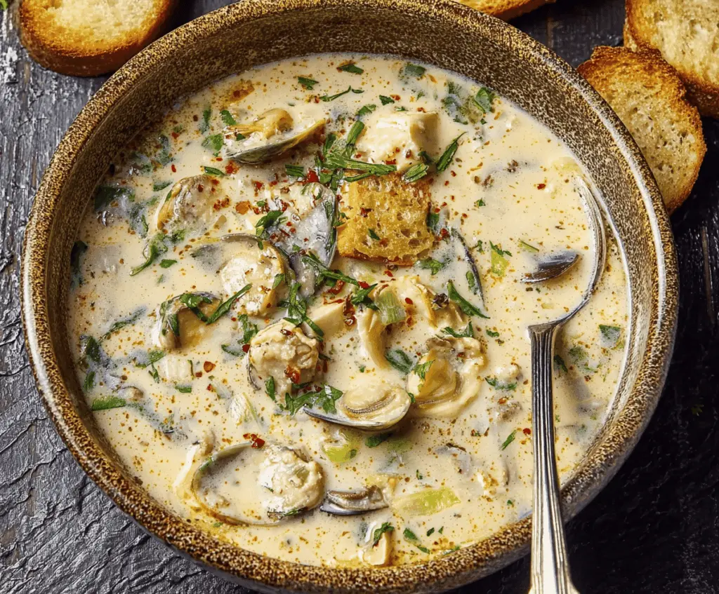 Delicious homemade oyster stew served in a bowl with fresh herbs on top.