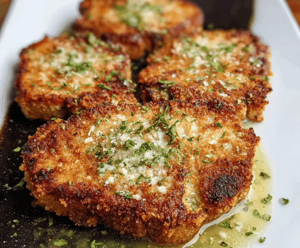 Juicy Parmesan Crusted Pork Chops with crispy golden coating on a white plate.