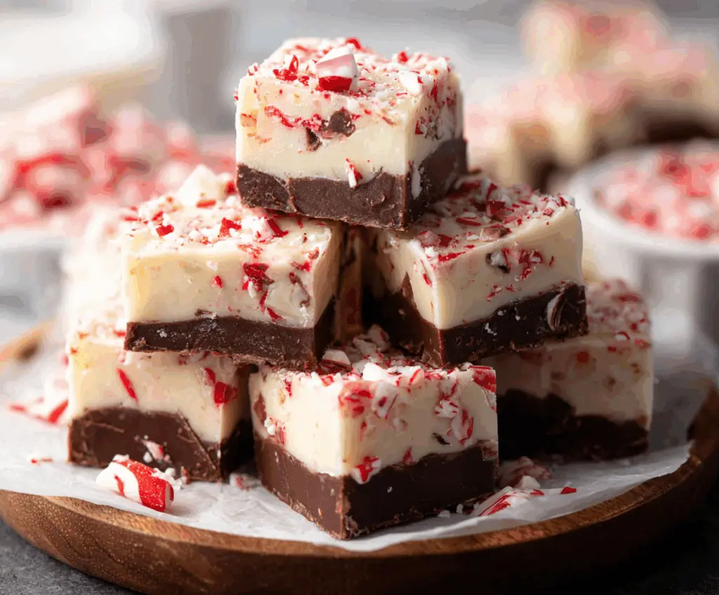 Delicious homemade peppermint bark fudge with a festive holiday presentation.
