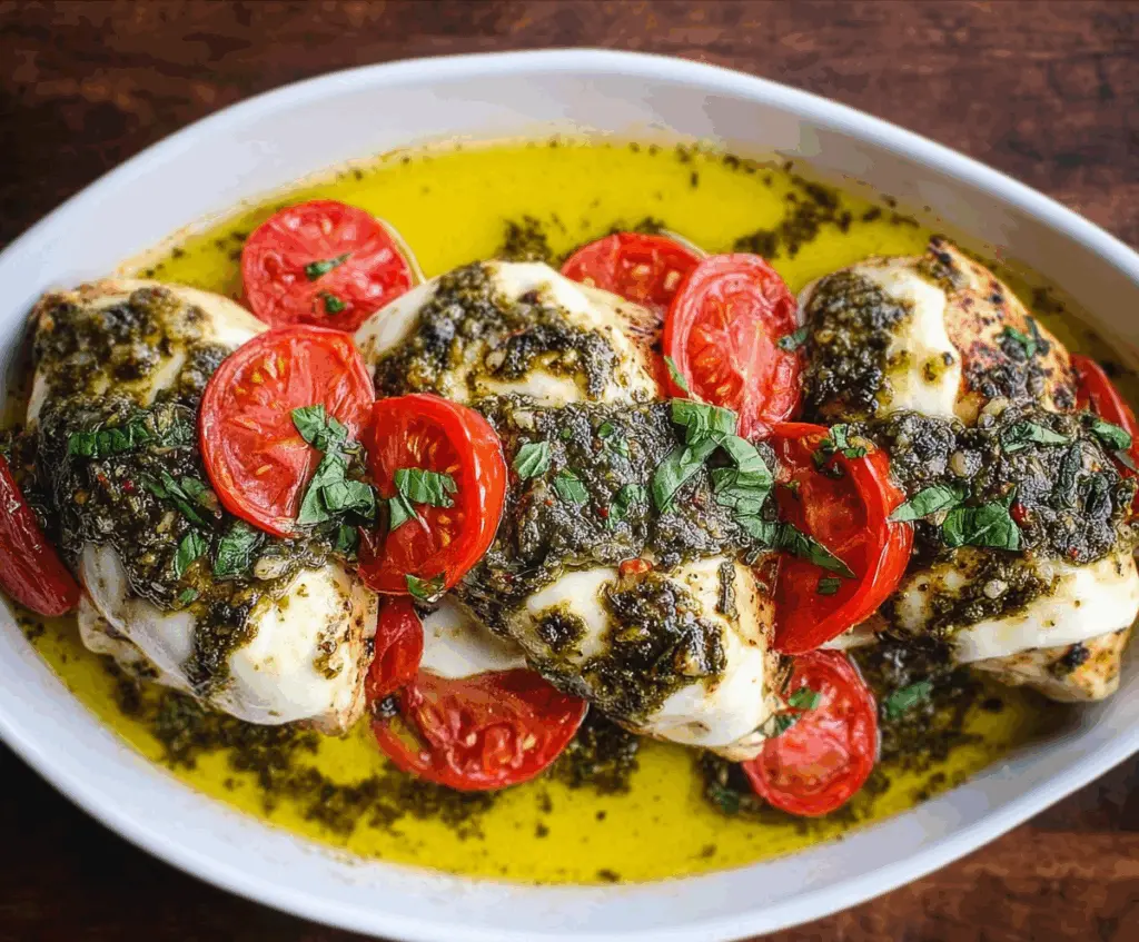 Delicious Pesto Mozzarella Chicken served on a plate with fresh herbs and cherry tomatoes.