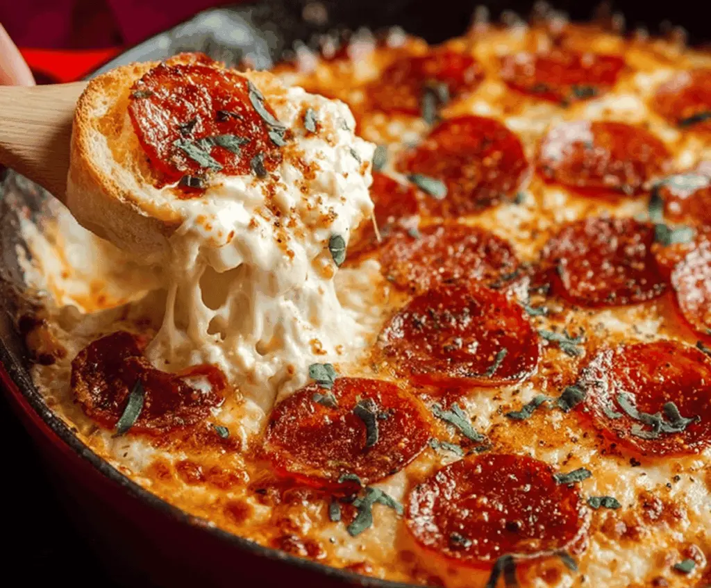 Cream cheese pizza dip with melted cheese and toppings, perfect appetizer