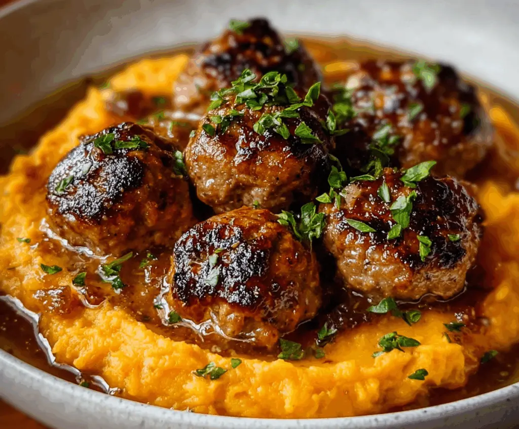 Delicious pork meatballs served with creamy sweet potato mash, perfect for a hearty meal.