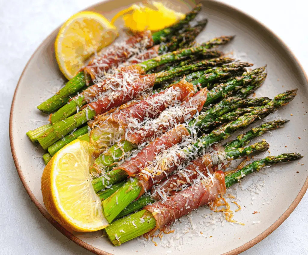 Delicious prosciutto-wrapped asparagus on a white plate, perfect appetizer for parties.