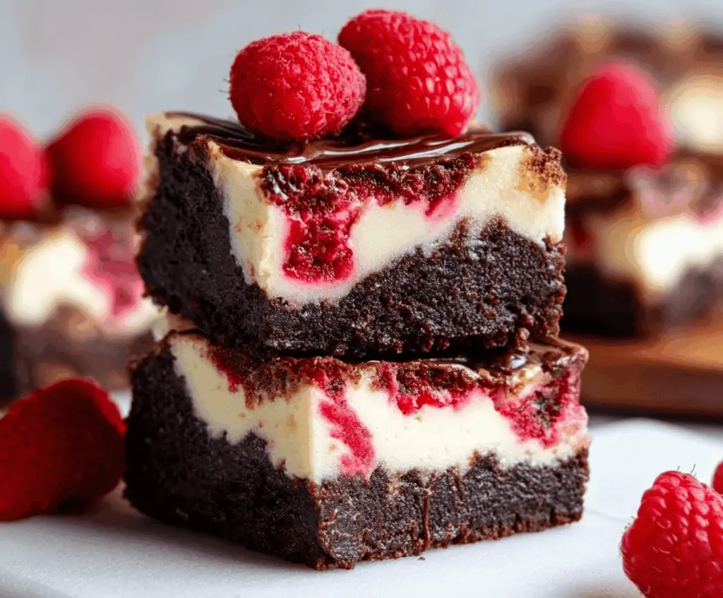 Delicious raspberry brownie cheesecake with a rich chocolate crust and fresh raspberry topping