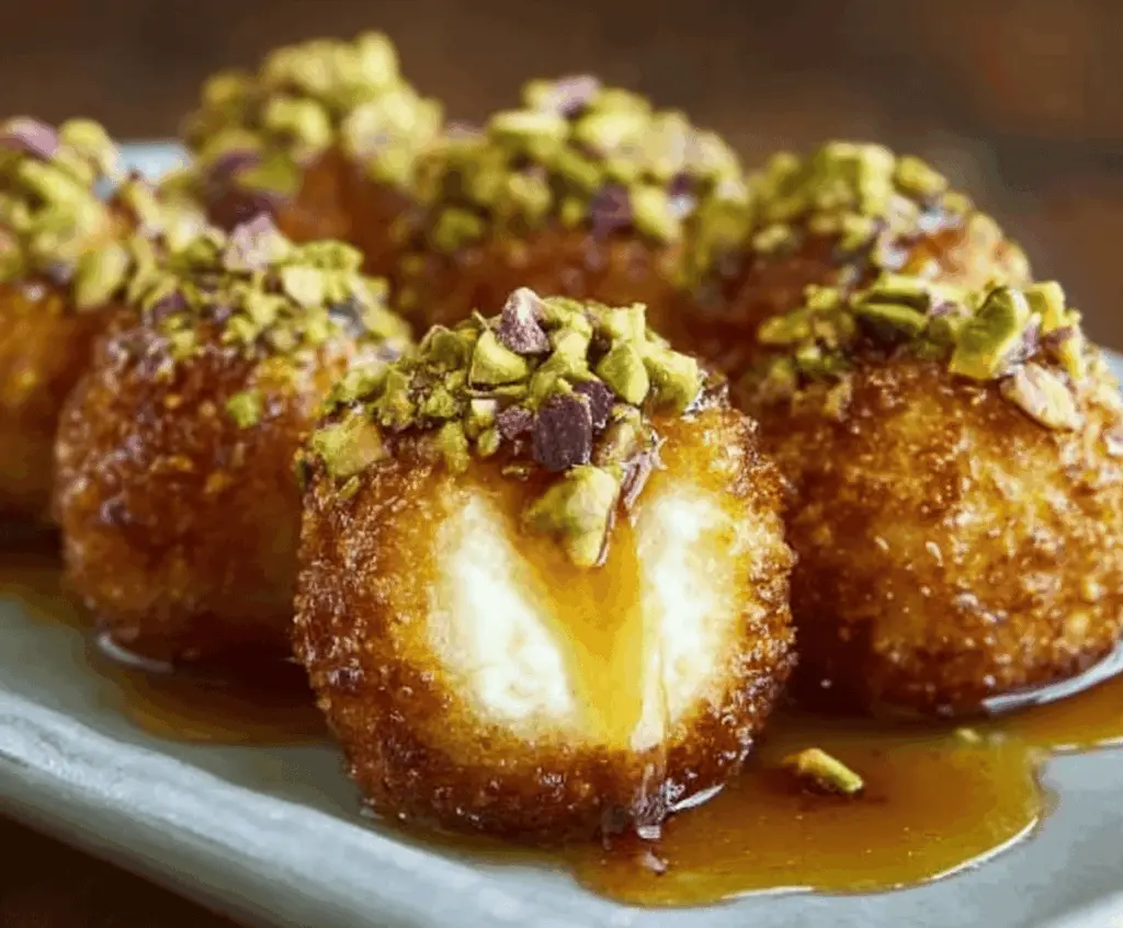 Delicious Ricotta Pistachio Honey Bites arranged on a platter, highlighting their creamy texture and crunchy nuts.