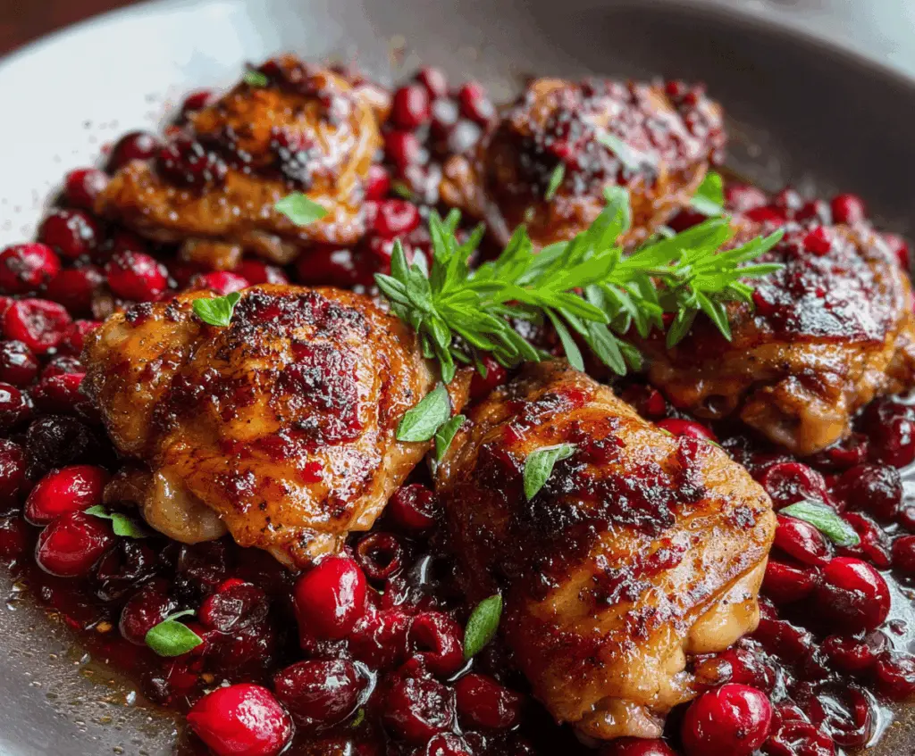 Delicious roasted cranberry chicken thighs garnished with fresh herbs on a white plate.